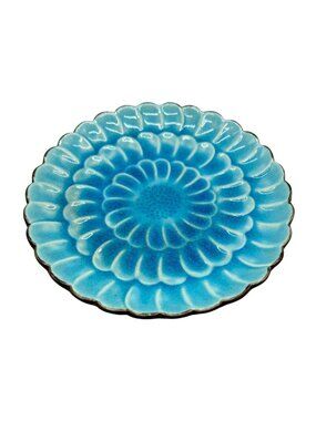 Blue Ceramic Pedestal Plate Scalloped Design Crackle & Brown Base Serving READ